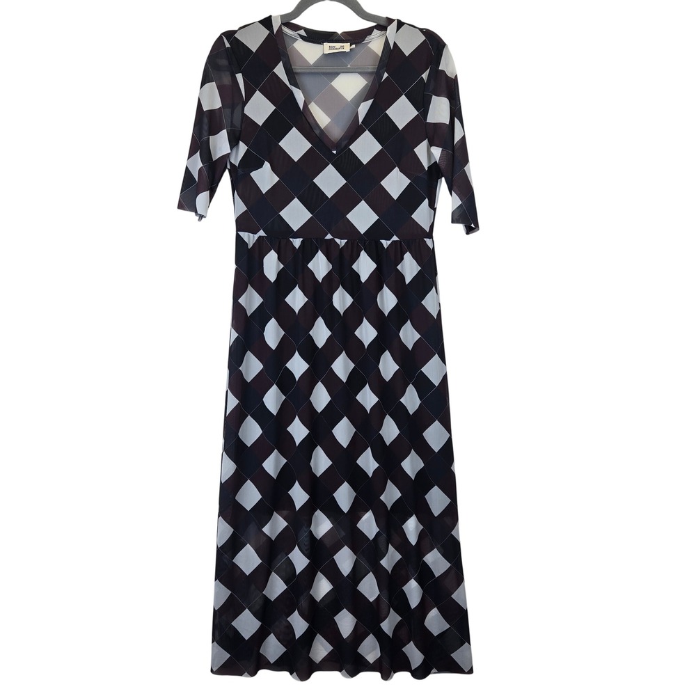 BAUM UND PFERDGARTEN Maxi Dress Geometric Mesh‎ Sheer V Neck Women Medium Check